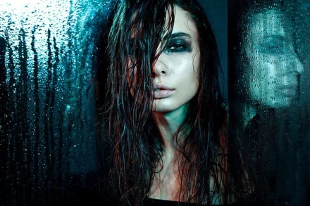 Artistic HD desktop wallpaper featuring a woman with wet hair and intense expression against a rain-streaked glass background, creating a moody and evocative atmosphere.