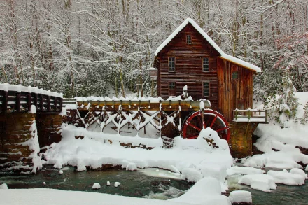 Snow-covered Glade Creek Grist Mill, a historic watermill at Babcock State Park, West Virginia, captured in stunning 4K Ultra HD detail.