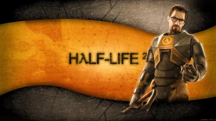 HD PC desktop wallpaper featuring Gordon Freeman from the video game Half-Life 2, set against a grungy background with the game's title prominently displayed.