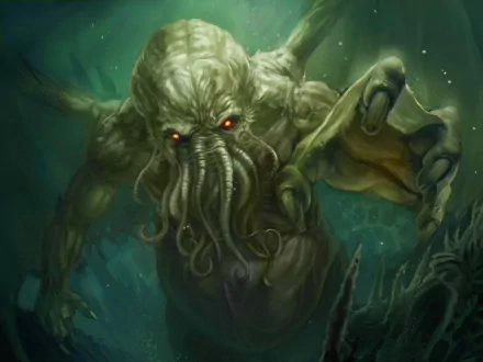 HD desktop wallpaper featuring a fantasy depiction of Cthulhu, a monstrous creature with a tentacled face and glowing red eyes, emerging from an underwater scene.