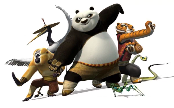 A high-definition wallpaper featuring Po from Kung Fu Panda alongside his friends, including a crane, a monkey, a tiger, and a snake, showcasing their dynamic poses and camaraderie.