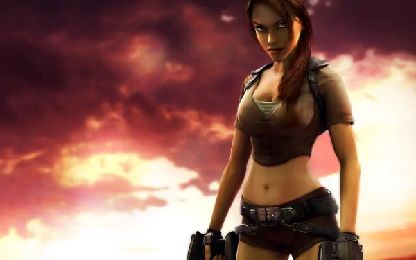 A striking HD wallpaper featuring the iconic character from the Tomb Raider video game, set against a dramatic sunset backdrop.