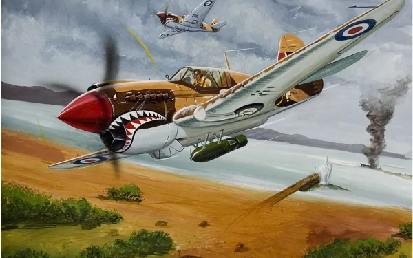 A dynamic HD illustration of a Curtiss P-40 Warhawk, showcasing its military prowess as it soars over a battlefield with vivid colors and detailed scenery.