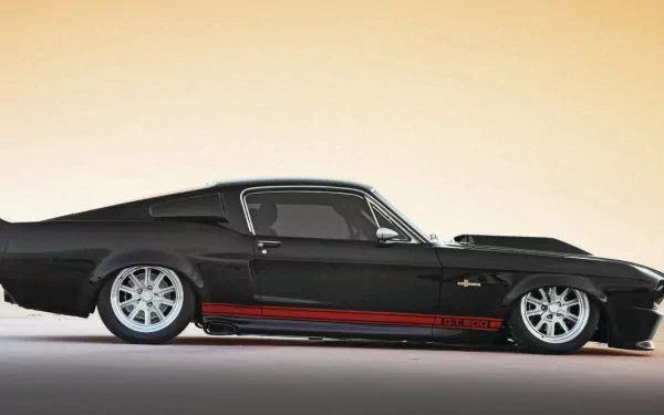 Side profile of a black Ford Mustang GT500 with white wheels and a red side stripe, HD PC desktop wallpaper.