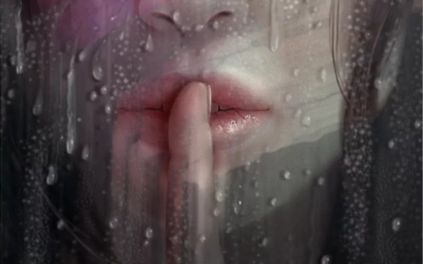 A close-up of a woman's lips behind a rain-covered glass, conveying a sense of tranquility and secrecy. This HD image makes an intriguing desktop wallpaper or background.