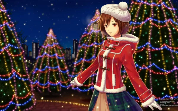 A festive HD wallpaper featuring Meiko from Project Diva in a cozy red winter outfit, surrounded by beautifully lit Christmas trees against a sparkling night sky.