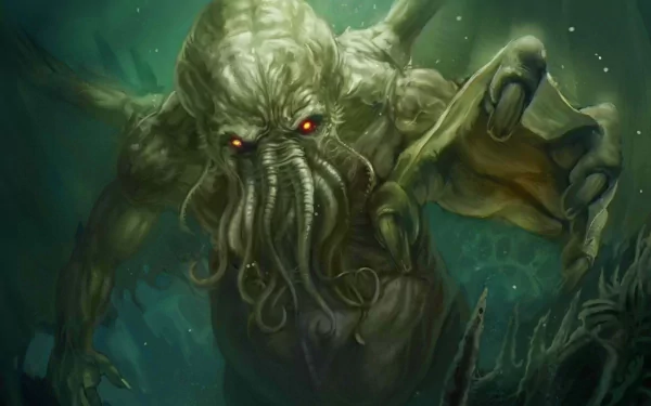 HD desktop wallpaper featuring a fantasy depiction of Cthulhu, a monstrous creature with a tentacled face and glowing red eyes, emerging from an underwater scene.