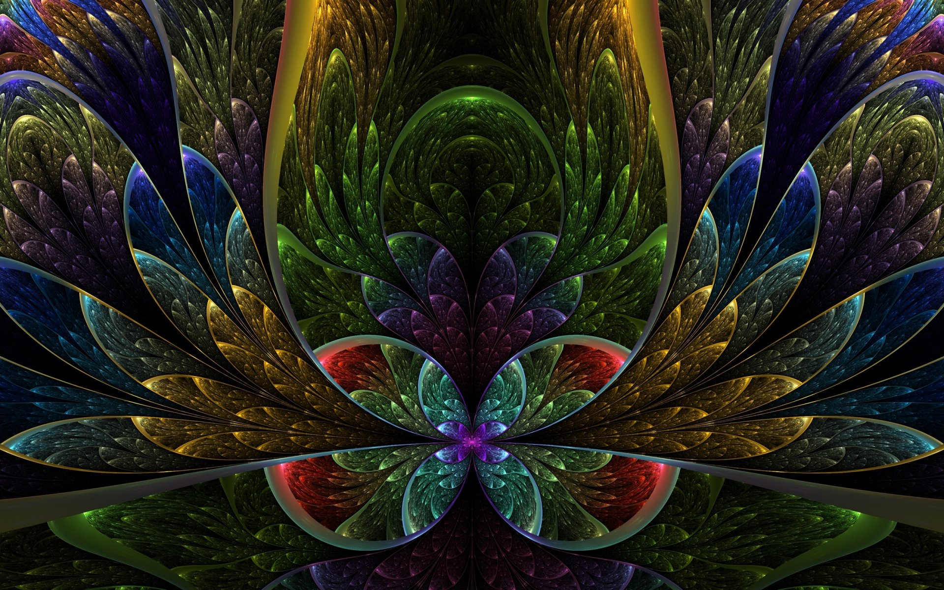 HD desktop wallpaper featuring a psychedelic and trippy abstract pattern. The image displays vibrant colors and intricate fractal shapes forming a mesmerizing, symmetrical design.