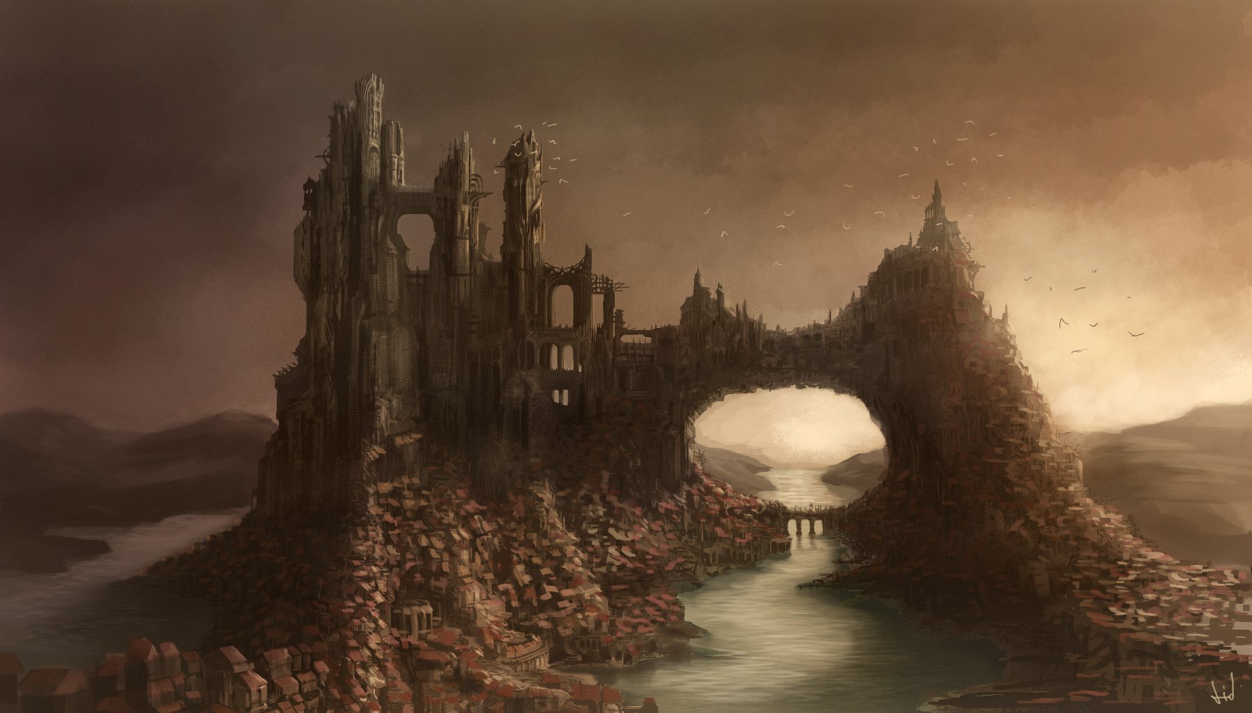Fantasy cityscape with towering ancient ruins and a stone arch bridge over a river, depicted in a moody, atmospheric HD PC desktop wallpaper style.