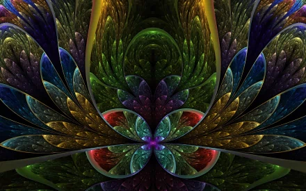 HD desktop wallpaper featuring a psychedelic and trippy abstract pattern. The image displays vibrant colors and intricate fractal shapes forming a mesmerizing, symmetrical design.