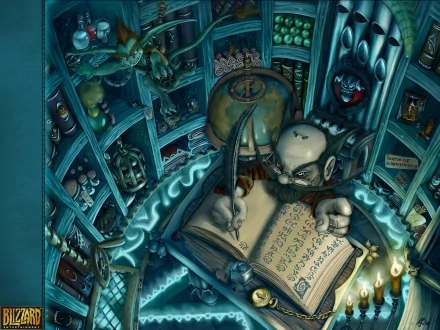 HD PC desktop wallpaper featuring a gnome Warlock from Alliance in World of Warcraft casting a spell in a mystical library filled with arcane artifacts.