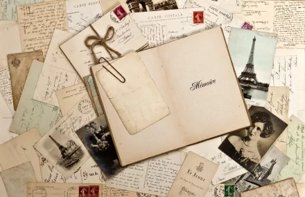 A vintage-inspired HD desktop wallpaper featuring an open book labeled Memoire surrounded by an assortment of old postcards and photographs, evoking nostalgia and history.