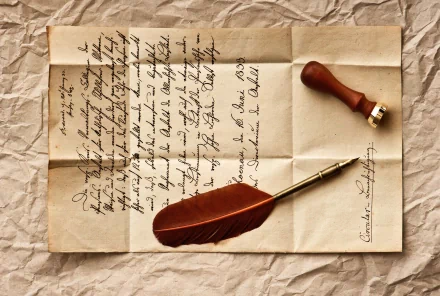 Vintage photography of an old handwritten letter with a feather quill and wax seal stamp, captured in 4K Ultra HD for a rich, detailed PC desktop wallpaper.