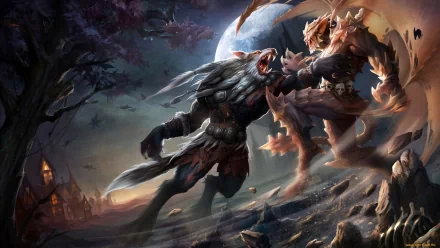HD wallpaper featuring an intense battle between two werewolves under a dark, moonlit sky. The detailed artwork depicts a night scene with a distant, eerie house in the background.