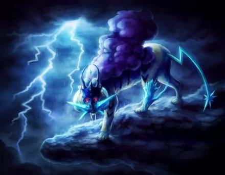 HD desktop wallpaper of Raikou, a Pokémon from the anime series. The image shows Raikou standing on a rocky ledge amidst a storm with lightning bolts illuminating the dark sky.
