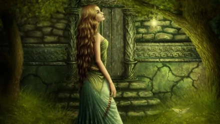 A fantasy-themed HD desktop wallpaper featuring a woman with long flowing hair in a green dress standing beside ancient stone ruins illuminated softly in a mystical forest.