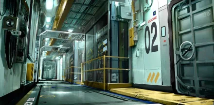 2K Quad HD PC desktop wallpaper from the Deus Ex: Human Revolution video game — neon-lit futuristic industrial corridor with metal walkways and a door marked 02.