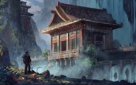 A vibrant HD wallpaper inspired by Uncharted: Drake's Fortune, featuring a lone explorer standing before a majestic ancient structure surrounded by mist and lush landscapes.