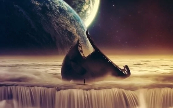 HD desktop wallpaper of a surreal planetscape with a massive planet looming over a figure by a waterfall edge.