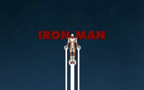 HD desktop wallpaper featuring Iron Man with a stylized title and a rocket trail against a starry sky background.