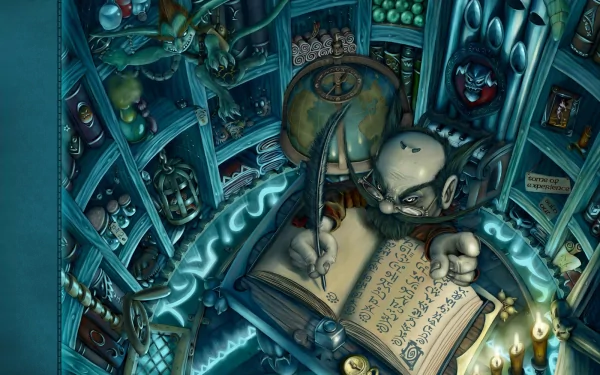 HD PC desktop wallpaper featuring a gnome Warlock from Alliance in World of Warcraft casting a spell in a mystical library filled with arcane artifacts.