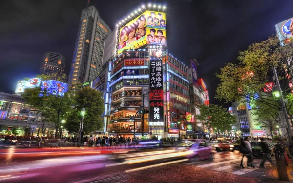A vibrant Tokyo street scene captured at night, showcasing illuminated billboards and a bustling crowd, with a dynamic time-lapse effect highlighting the city's energy.