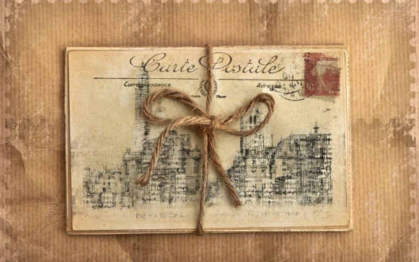 A vintage postcard tied with twine on a worn, textured background, captured in a detailed photography style for 4K Ultra HD PC desktop wallpaper and background.