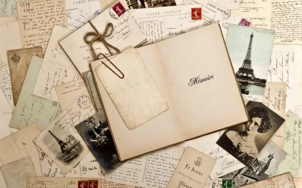 A vintage-inspired HD desktop wallpaper featuring an open book labeled Memoire surrounded by an assortment of old postcards and photographs, evoking nostalgia and history.
