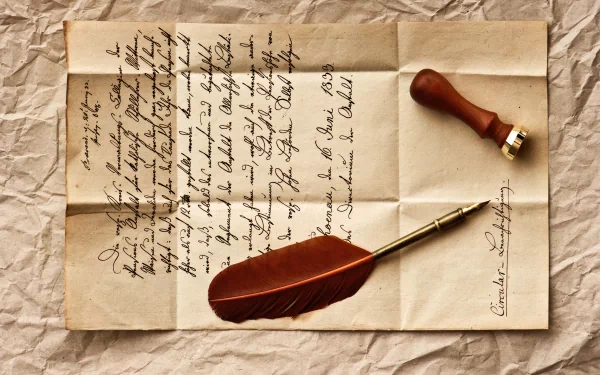 Vintage photography of an old handwritten letter with a feather quill and wax seal stamp, captured in 4K Ultra HD for a rich, detailed PC desktop wallpaper.