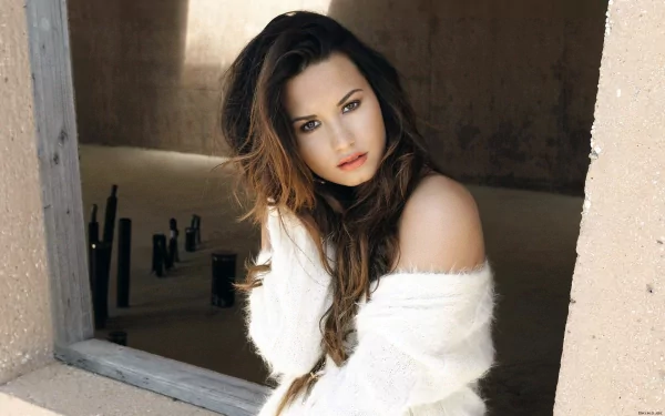 Demi Lovato poses effortlessly in a cozy white sweater, framed by a rustic window. This HD wallpaper captures her striking beauty within a minimalist background.