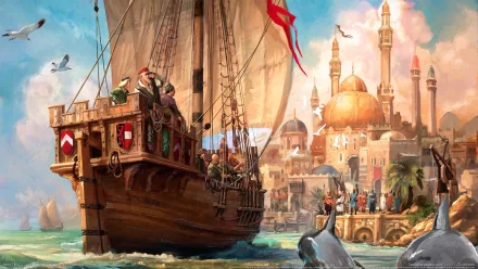 HD PC desktop wallpaper featuring a detailed scene from the video game Anno 1404, showcasing a wooden sailing ship approaching a Middle Eastern-inspired coastal city.