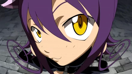 HD PC desktop wallpaper featuring Blair from the anime Soul Eater, showcasing her close-up with vibrant purple hair and striking yellow eyes.