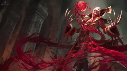 HD desktop wallpaper featuring Vladimir from the video game League of Legends, showcasing the character in a dramatic pose with swirling blood magic in a dark, gothic setting.