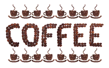 HD PC desktop wallpaper featuring the word COFFEE spelled out with coffee beans, surrounded by steaming coffee cup designs made from coffee beans.
