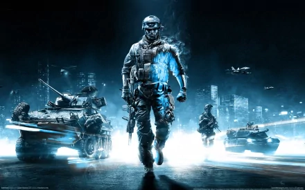 A striking HD desktop wallpaper from Battlefield 3, featuring a soldier in combat gear surrounded by military vehicles, set against a dynamic urban backdrop.