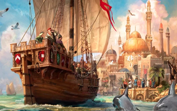 HD PC desktop wallpaper featuring a detailed scene from the video game Anno 1404, showcasing a wooden sailing ship approaching a Middle Eastern-inspired coastal city.