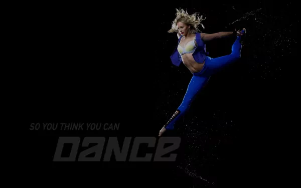HD PC desktop wallpaper of a dancer mid-air in a blue outfit, performing a leap; So You Think You Can Dance TV show logo on a dark background.
