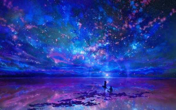 An HD fantasy landscape wallpaper showing a vibrant, star-filled night sky in shades of blue and purple reflecting on calm water, with a silhouetted figure and a dog gazing at the horizon.