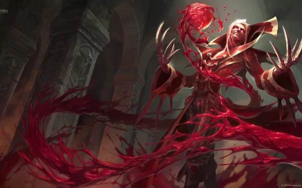 HD desktop wallpaper featuring Vladimir from the video game League of Legends, showcasing the character in a dramatic pose with swirling blood magic in a dark, gothic setting.