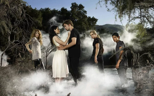 A dramatic scene from Twilight, featuring Robert Pattinson and Kristen Stewart in a misty landscape, surrounded by other characters. A captivating HD wallpaper.