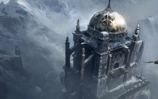 HD PC desktop wallpaper featuring a detailed, atmospheric scene from the video game Assassin's Creed: Revelations, showcasing an ancient, domed stone building in a misty mountainous landscape.