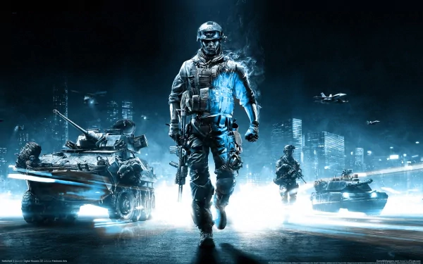 A striking HD desktop wallpaper from Battlefield 3, featuring a soldier in combat gear surrounded by military vehicles, set against a dynamic urban backdrop.