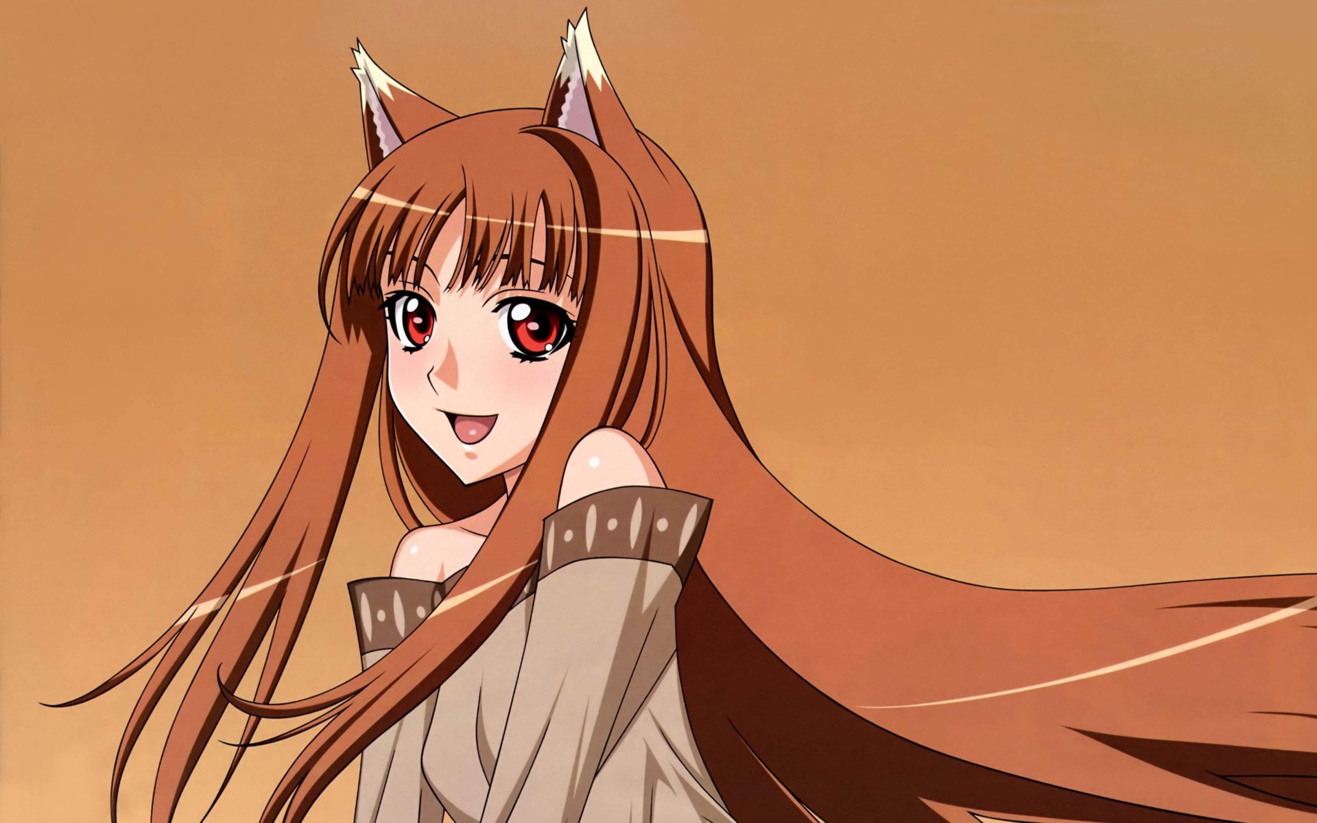 Anime-style 4K Ultra HD wallpaper of Holo from Spice and Wolf with long brown hair and fox ears against a warm beige background.
