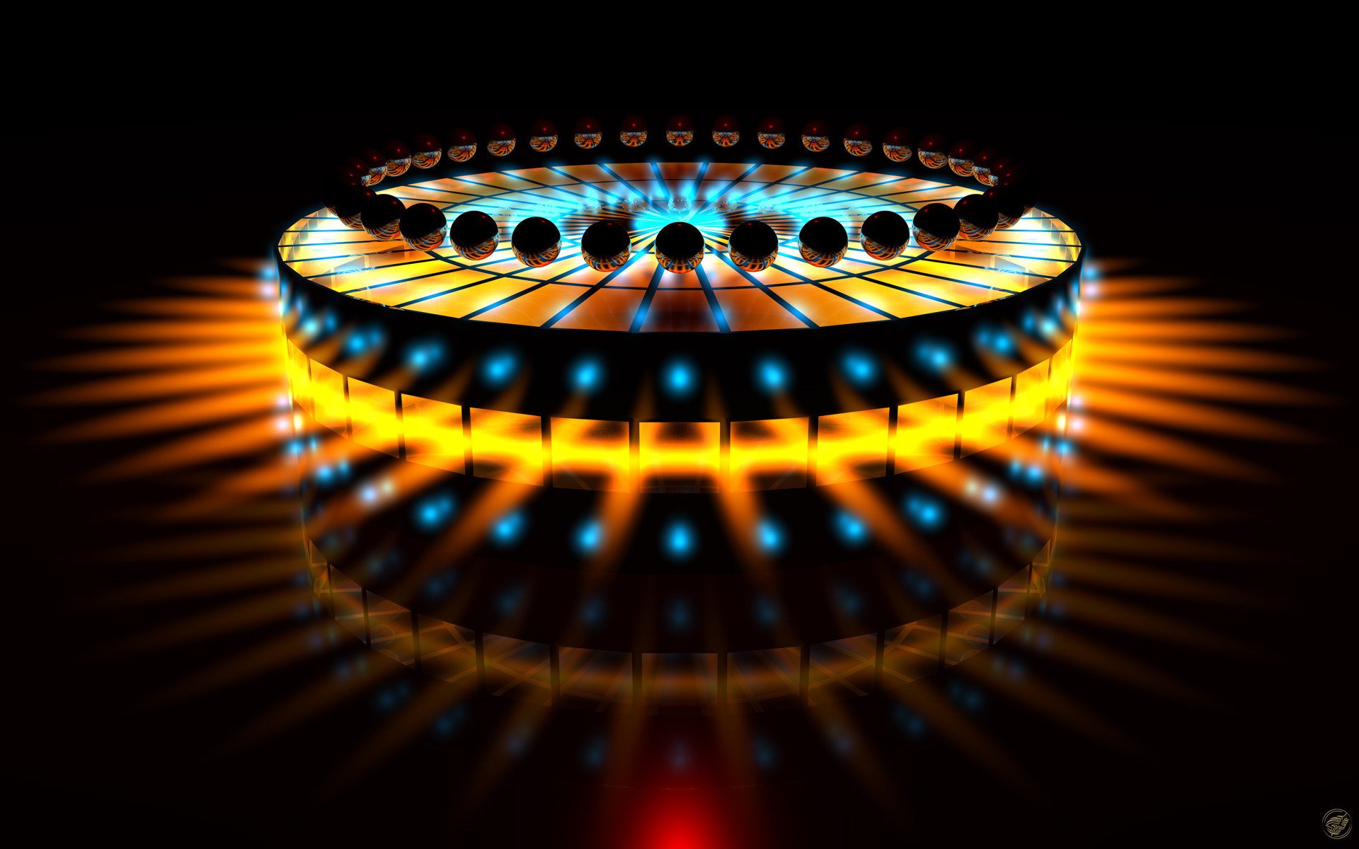 Abstract glowing circular pattern with blue and orange lights radiating outward, designed as an HD PC desktop wallpaper and background.