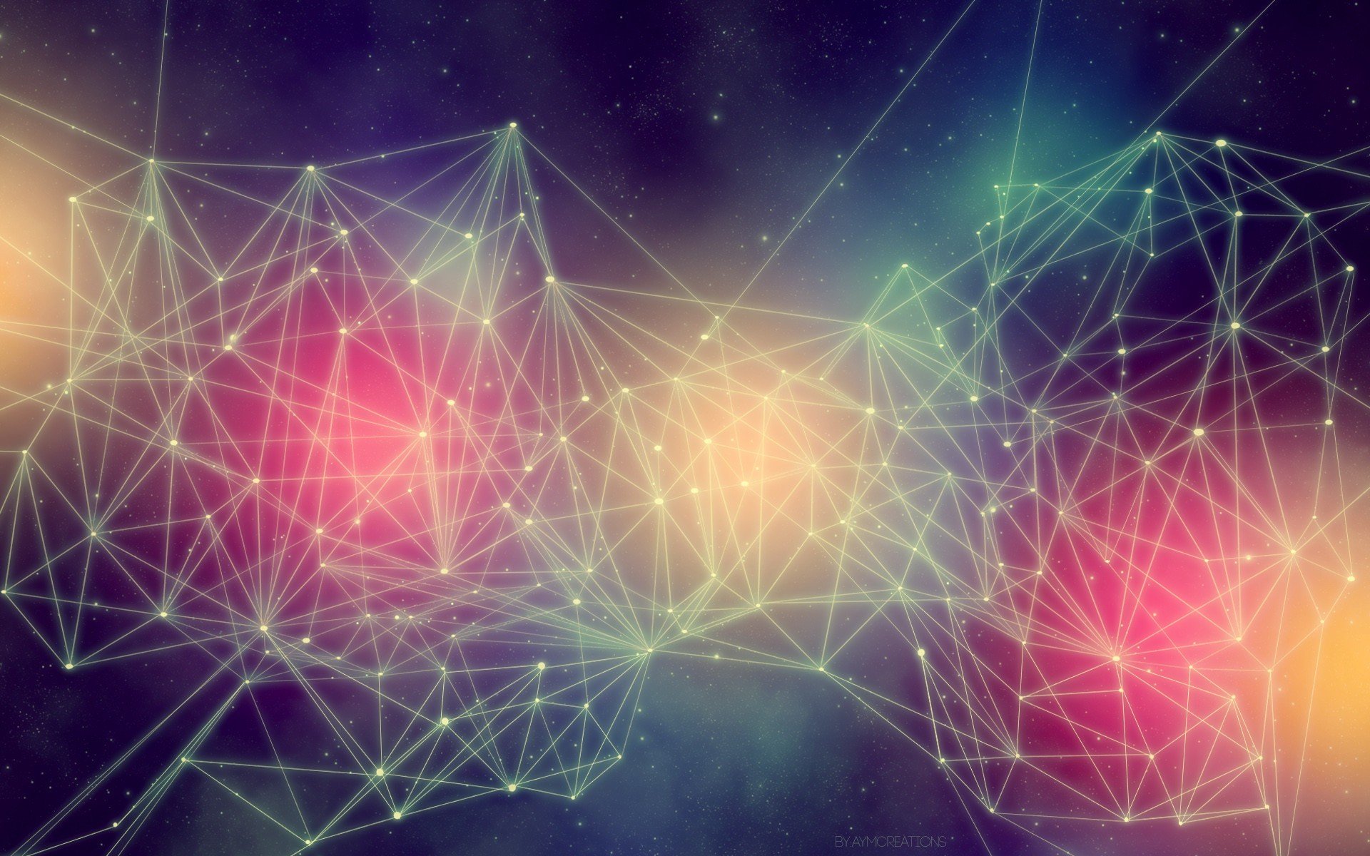 HD desktop wallpaper with an artistic depiction of a colorful, digital, geometric mesh network on a cosmic nebula background.