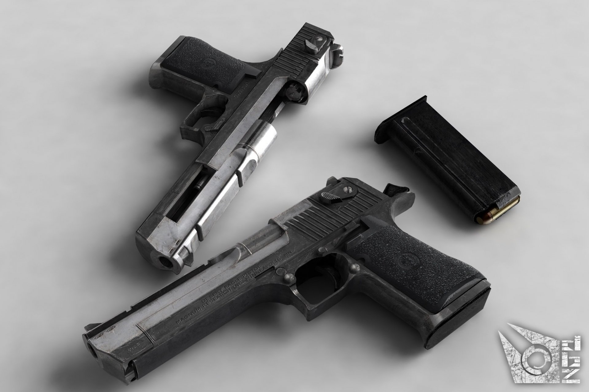 A high-definition wallpaper featuring a Desert Eagle handgun and another model, showcasing their detailed design against a minimalist background.