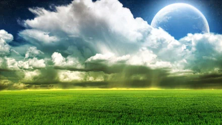 HD PC desktop wallpaper depicting a dreamy natural landscape with lush green fields, dramatic clouds, and a large moon rising in the sky.