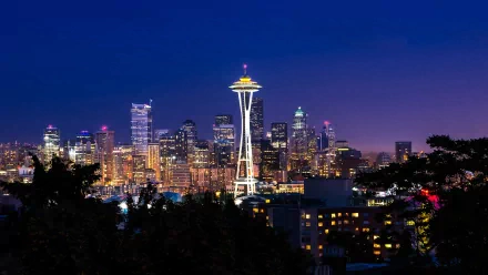 HD PC desktop wallpaper: man-made Seattle skyline at night with the illuminated Space Needle and glowing city lights.