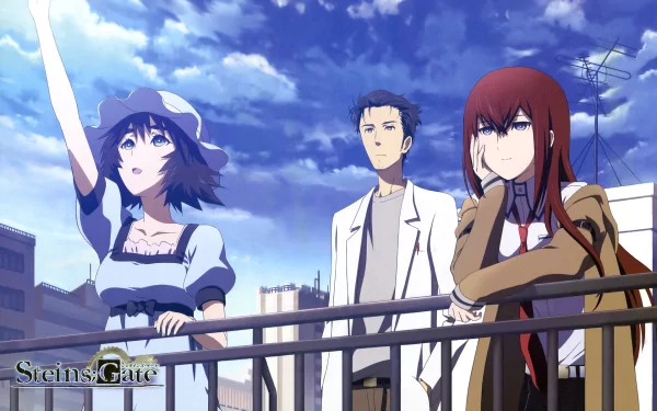 An HD desktop wallpaper featuring Rintaro Okabe, Kurisu Makise, and Mayuri Shiina from the anime Steins;Gate, set against a vibrant sky backdrop.