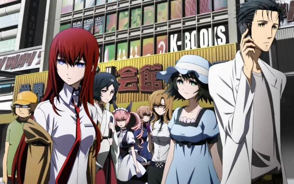 An HD wallpaper featuring Rintaro Okabe, Mayuri Shiina, and Kurisu Makise from the anime Steins;Gate, set against a vibrant urban backdrop.